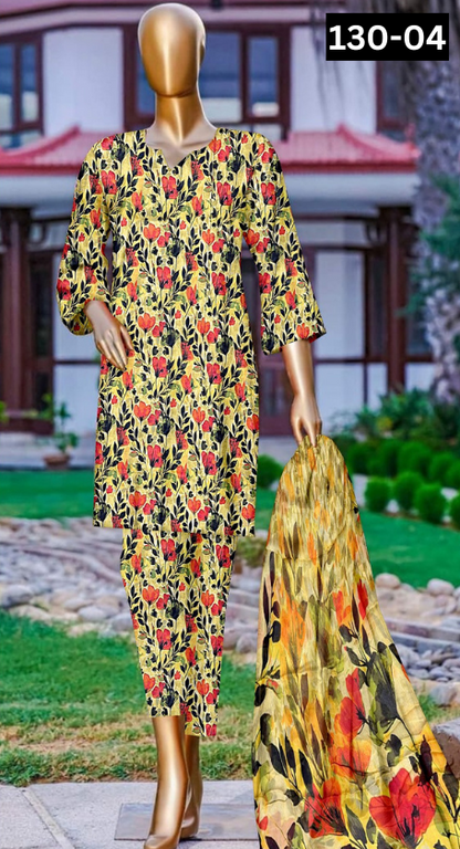 VOL 130 | DS 04 | DIGITAL PRINTED LAWN 3PC BAMBER CHIFFON DUPATTA