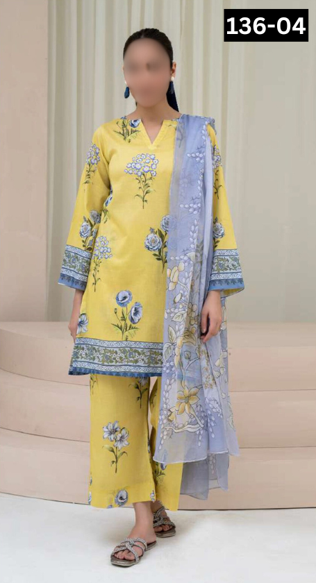 VOL 136 | DS 04 | DIGITAL PRINTED BANADORA LAWN 3PC VOIL LAWN DUPATTA