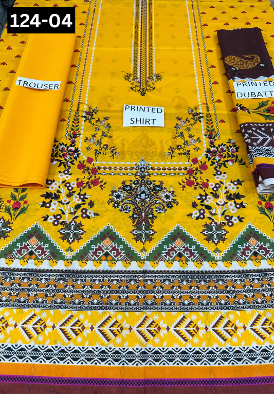 VOL 124 | DS 04 | DIGITAL PRINTED LAWN 3PC DYED TROUSER VOIL LAWN DUPATTA