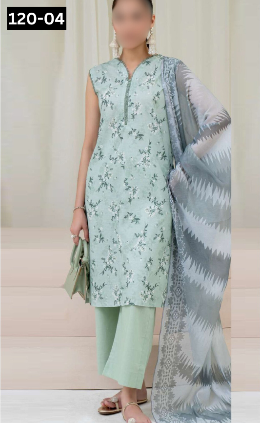 VOL 120 | DS 04 | DIGITAL PRINTED BANADORA LAWN 3PC DYED TROUSER VOIL LAWN DUPATTA