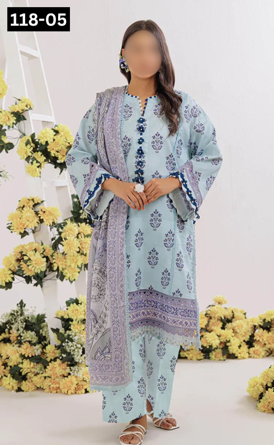 VOL 118 | DS 05 | DIGITAL PRINTED BANADORA LAWN 3PC VOIL LAWN DUPATTA