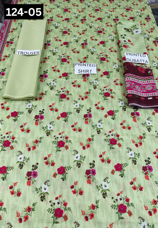 VOL 124 | DS 05 | DIGITAL PRINTED LAWN 3PC DYED TROUSER VOIL LAWN DUPATTA