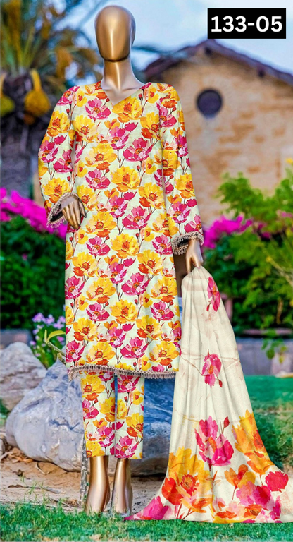 VOL 133 | DS 05 | DIGITAL PRINTED BANADORA LAWN 3PC BAMBER CHIFFON DUPATTA