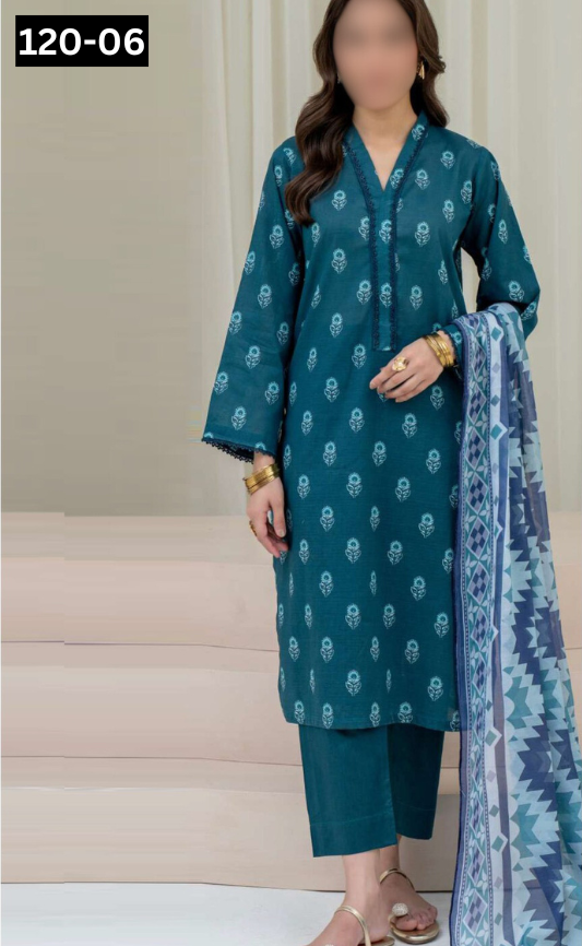 VOL 120 | DS 06 | DIGITAL PRINTED BANADORA LAWN 3PC DYED TROUSER VOIL LAWN DUPATTA