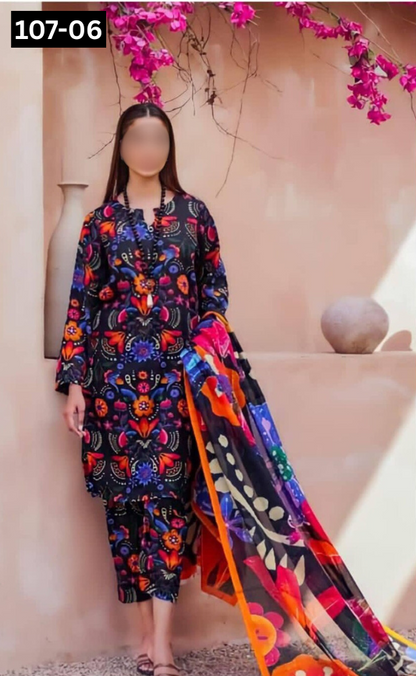 VOL 107 | DS 06 | DIGITAL PRINTED LAWN 3PC VOIL LAWN DUPATTA