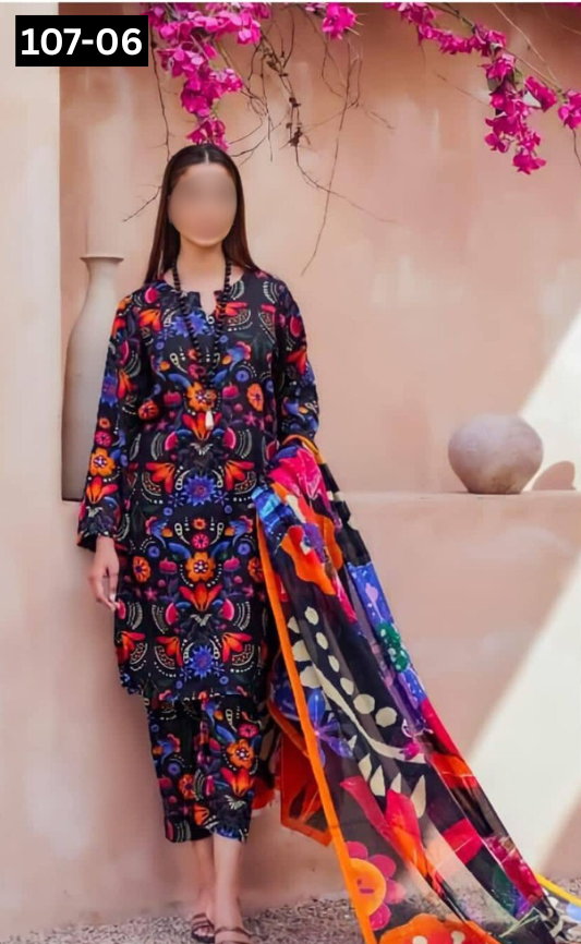 VOL 107 | DS 06 | DIGITAL PRINTED LAWN 3PC VOIL LAWN DUPATTA