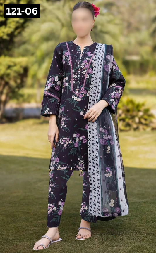 VOL 121 | DS 06 | DIGITAL PRINTED BANADORA LAWN 3PC VOIL LAWN DUPATTA