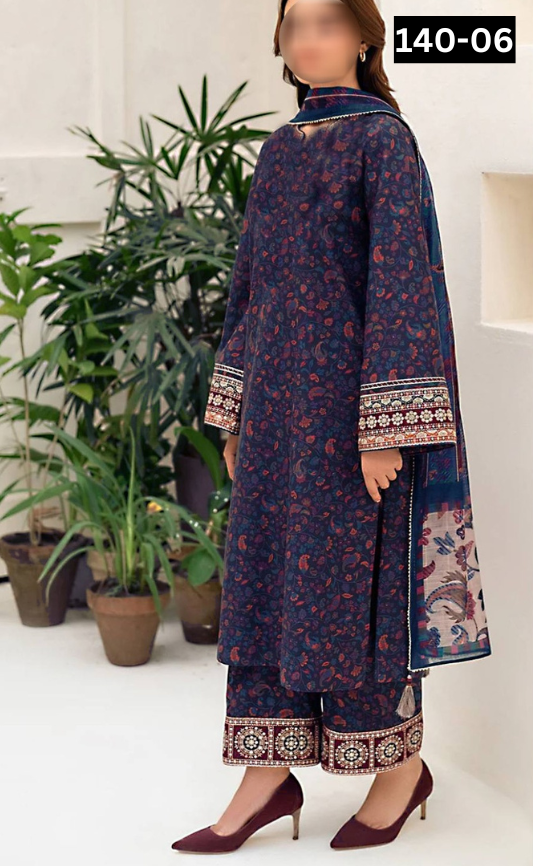 VOL 140 | DS 06 | DIGITAL PRINTED BANADORA LAWN 3PC | VOIL LAWN DUPATTA | EMBROIDERED ORAGANZA PATCHES