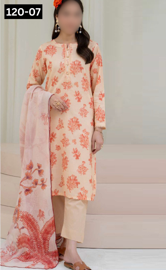 VOL 120 | DS 07 | DIGITAL PRINTED BANADORA LAWN 3PC DYED TROUSER VOIL LAWN DUPATTA