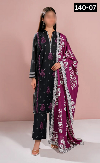 VOL 140 | DS 07 | DIGITAL PRINTED BANADORA LAWN 3PC | VOIL LAWN DUPATTA | EMBROIDERED ORAGANZA PATCHES
