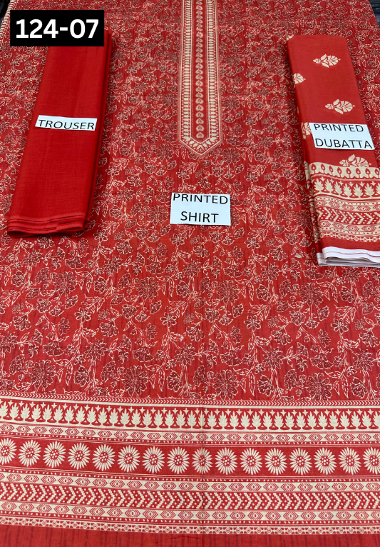VOL 124 | DS 07 | DIGITAL PRINTED LAWN 3PC DYED TROUSER VOIL LAWN DUPATTA