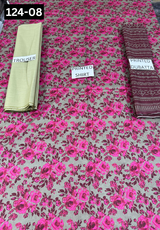 VOL 124 | DS 08 | DIGITAL PRINTED LAWN 3PC DYED TROUSER VOIL LAWN DUPATTA