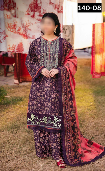 VOL 140 | DS 08 | DIGITAL PRINTED BANADORA LAWN 3PC | VOIL LAWN DUPATTA | EMBROIDERED ORAGANZA PATCHES