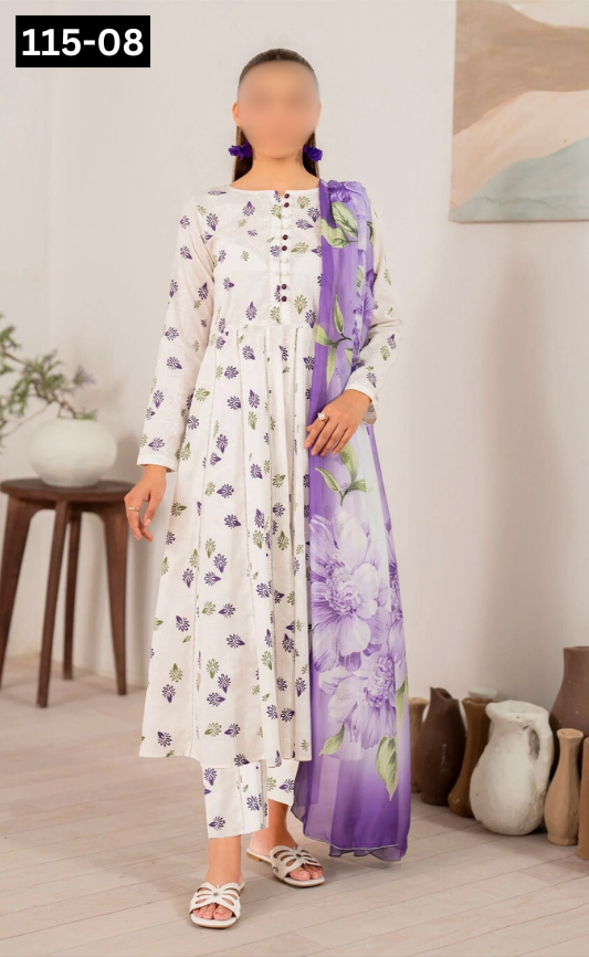 VOL 115 | DS 08 | DIGITAL PRINTED BANADORA LAWN 3PC VOIL LAWN DUPATTA