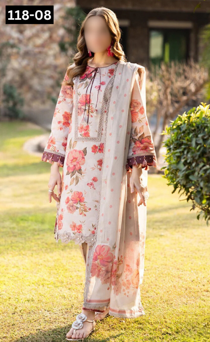 VOL 118 | DS 08 | DIGITAL PRINTED BANADORA LAWN 3PC VOIL LAWN DUPATTA