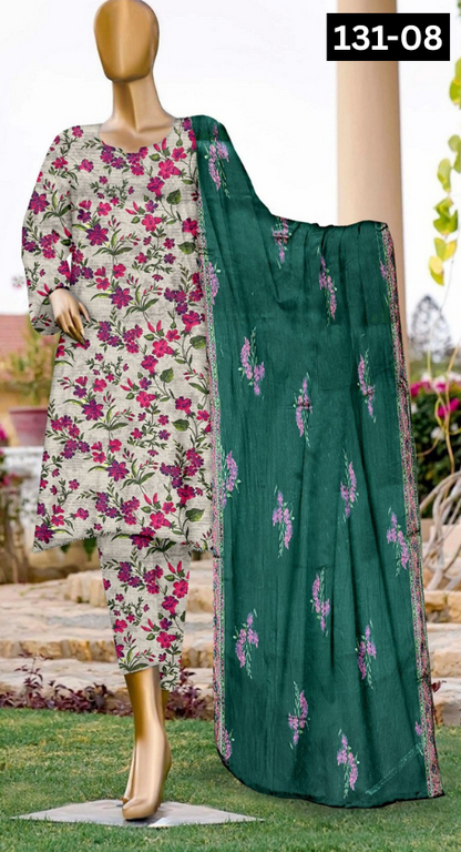 VOL 131 | DS 08 | DIGITAL PRINTED BANADORA LAWN 3PC VOIL LAWN DUPATTA