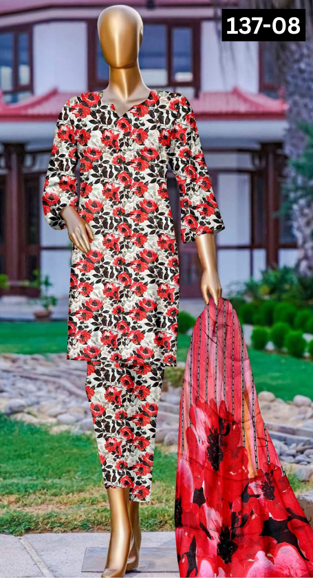 VOL 137 | DS 08 | DIGITAL PRINTED LAWN 3PC BAMBER CHIFFON DUPATTA