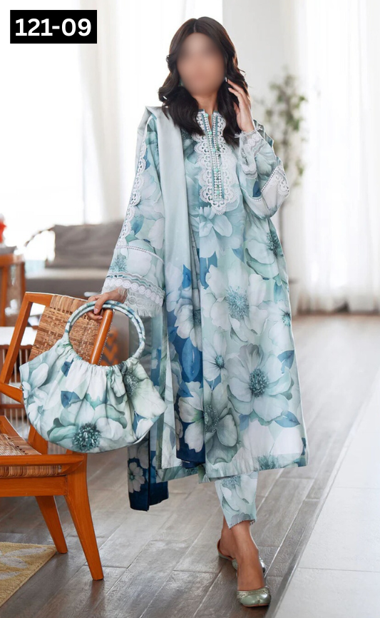 VOL 121 | DS 09 | DIGITAL PRINTED BANADORA LAWN 3PC VOIL LAWN DUPATTA