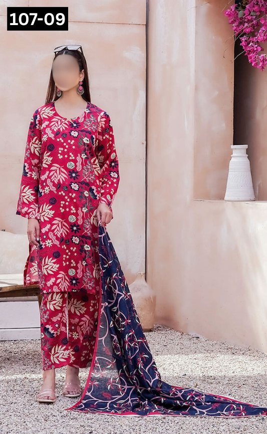 VOL 107 | DS 09 | DIGITAL PRINTED LAWN 3PC VOIL LAWN DUPATTA