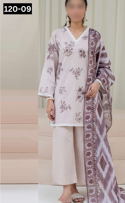 VOL 120 | DS 09 | DIGITAL PRINTED BANADORA LAWN 3PC DYED TROUSER VOIL LAWN DUPATTA