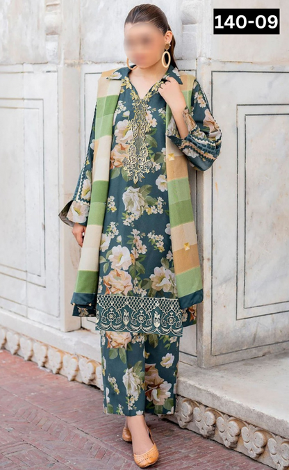 VOL 140 | DS 09 | DIGITAL PRINTED BANADORA LAWN 3PC | VOIL LAWN DUPATTA | EMBROIDERED ORAGANZA PATCHES