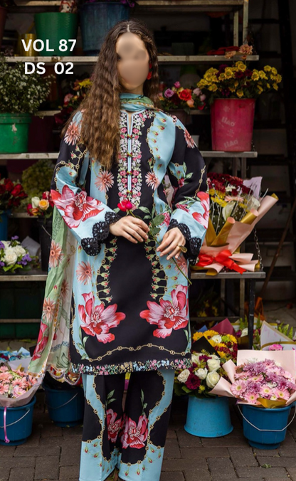 VOL 87 | DS 02 | DIGITAL PRINTED LAWN 3PC BEMBER DUPATTA