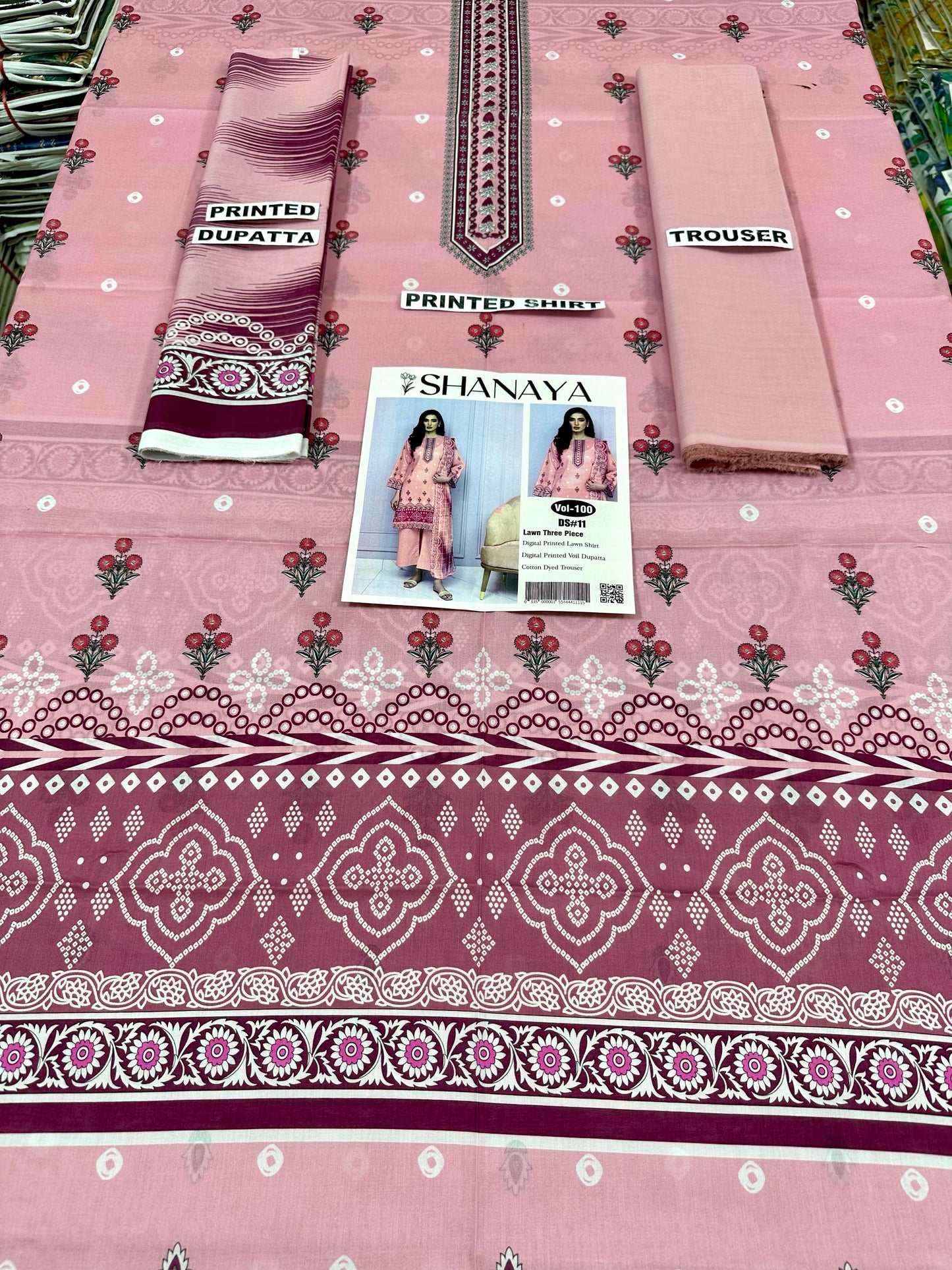 VOL 100 | DS 11 | DIGITAL PRINTED LAWN 3PC DYED TROUSER VOIL DUPATTA