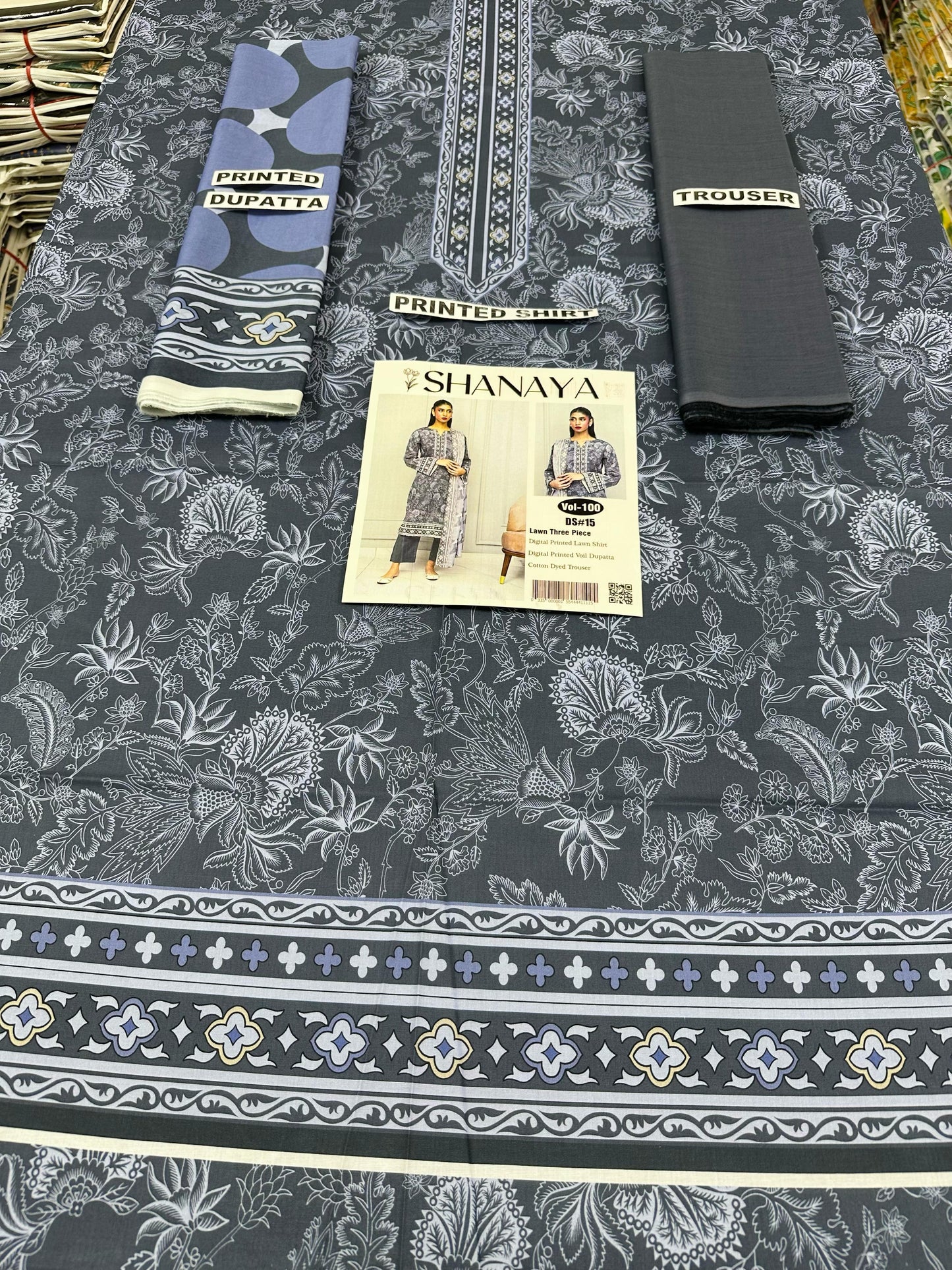 VOL 100 | DS 15 | DIGITAL PRINTED LAWN 3PC DYED TROUSER VOIL DUPATTA