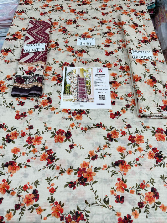 VOL 113 | DS 16 | DIGITAL PRINTED BANADORA LAWN 3PC VOIL LAWN DUPATTA