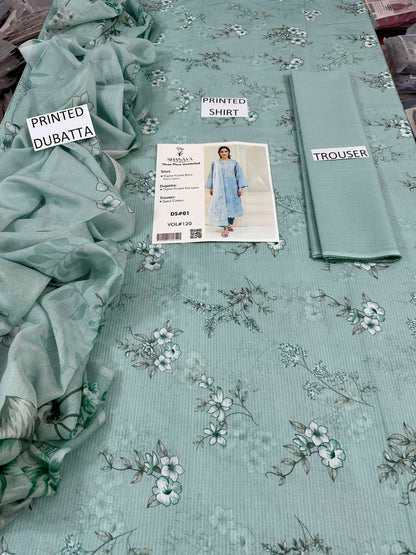 VOL 120 | DS 01 | DIGITAL PRINTED BANADORA LAWN 3PC DYED TROUSER VOIL LAWN DUPATTA