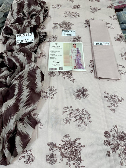 VOL 120 | DS 09 | DIGITAL PRINTED BANADORA LAWN 3PC DYED TROUSER VOIL LAWN DUPATTA