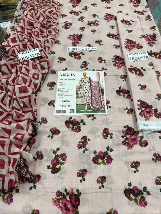 VOL 130 | DS 06 | DIGITAL PRINTED LAWN 3PC BAMBER CHIFFON DUPATTA