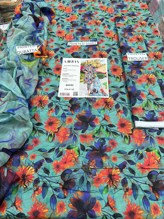 VOL 130 | DS 03 | DIGITAL PRINTED LAWN 3PC BAMBER CHIFFON DUPATTA