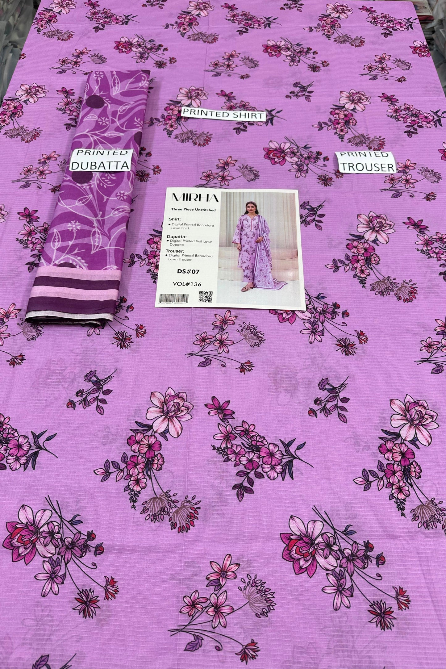 VOL 136 | DS 07 | DIGITAL PRINTED BANADORA LAWN 3PC VOIL LAWN DUPATTA