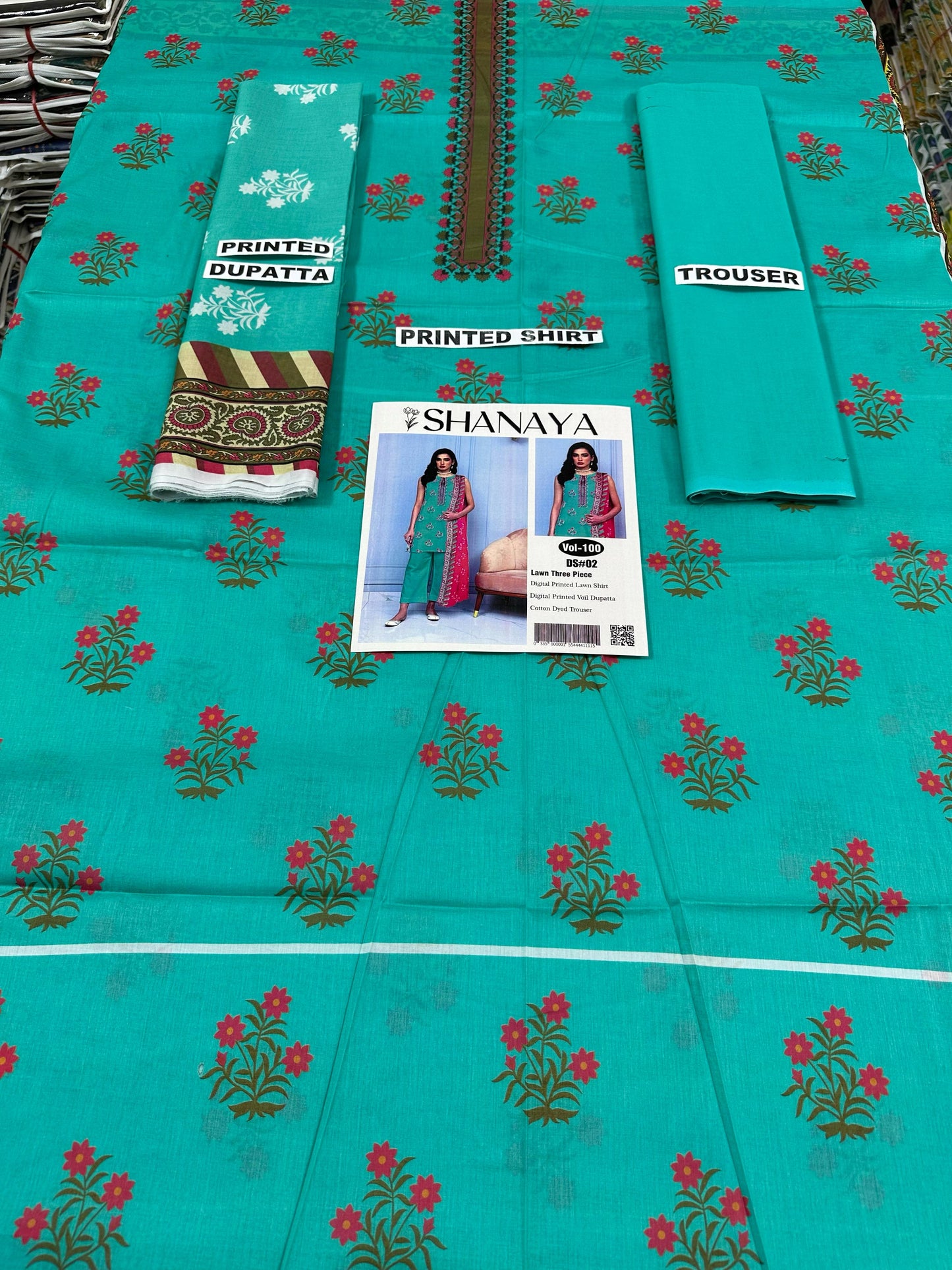VOL 100 | DS 02 | DIGITAL PRINTED LAWN 3PC DYED TROUSER VOIL DUPATTA