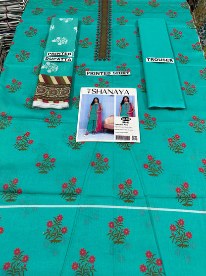 VOL 100 | DS 02 | DIGITAL PRINTED LAWN 3PC DYED TROUSER VOIL DUPATTA